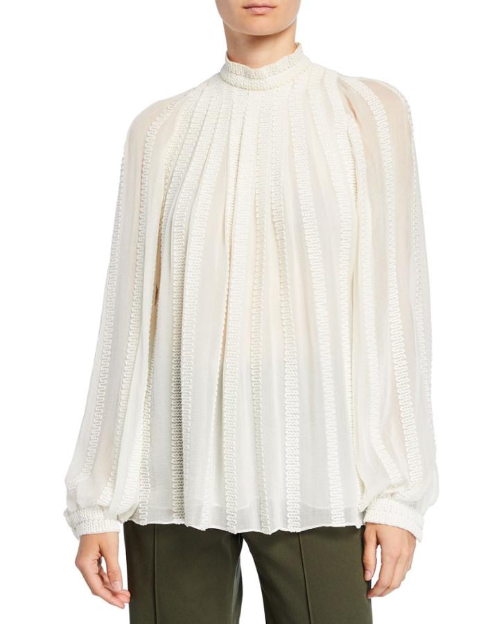 Long-sleeve Embroidered Gauze Trapeze Blouse