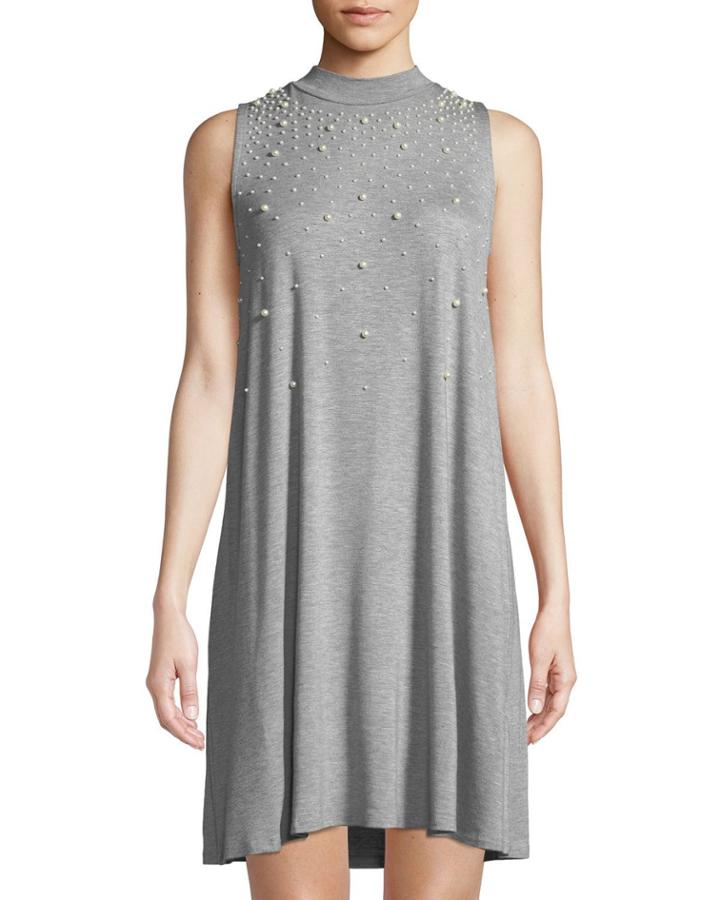 Mock-neck Pearly-trim A-line Dress