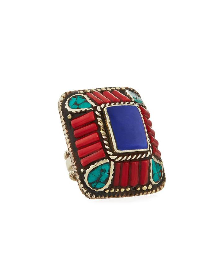 Lapis, Coral & Turquoise Rectangle Ring, Adjustable