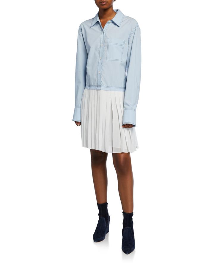Long-sleeve Mixed Media Shirtdress With Pleated Hem
