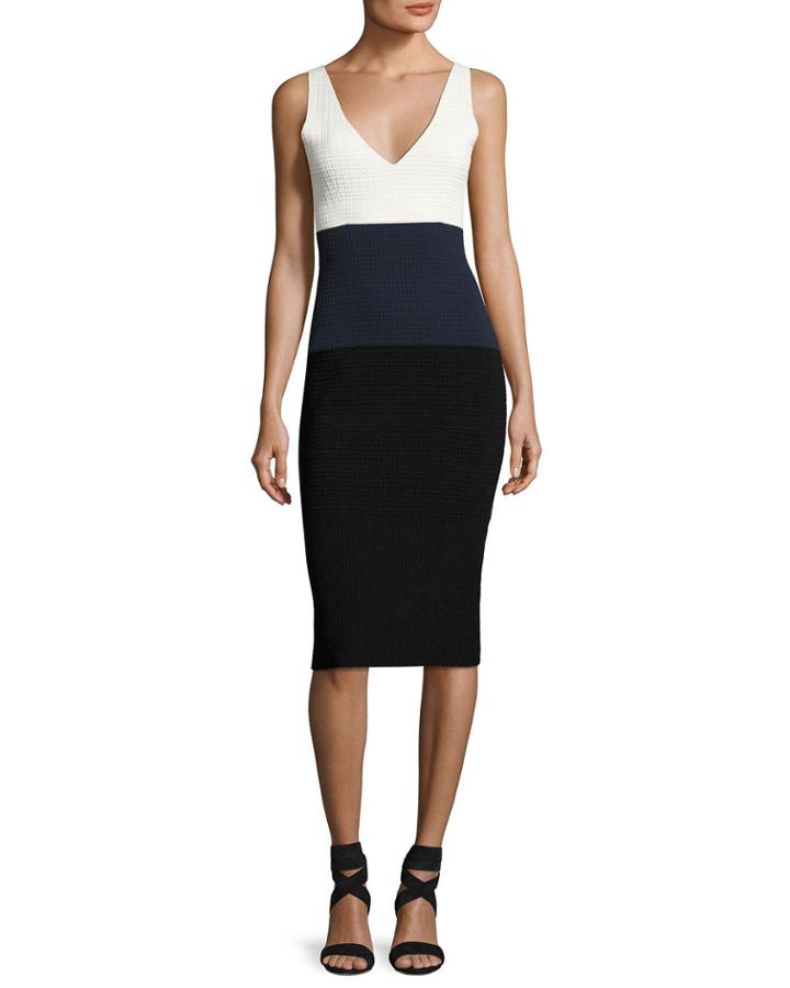 Sleeveless Colorblock Waffle-knit Dress, White Pattern