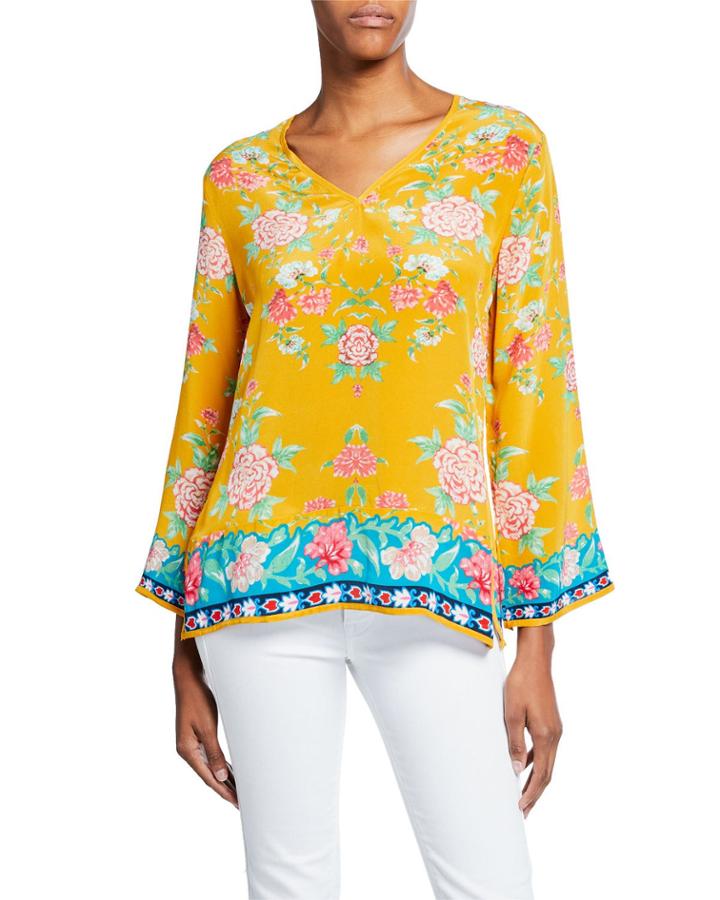 Simone Saffron-print V-neck Long-sleeve