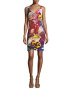 V-neck Sleeveless Ruched Floral-print Dress