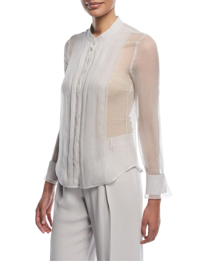 Button-front Sheer Silk Blouse With Front Panel