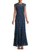 Raven Embroidered Illusion Evening Gown