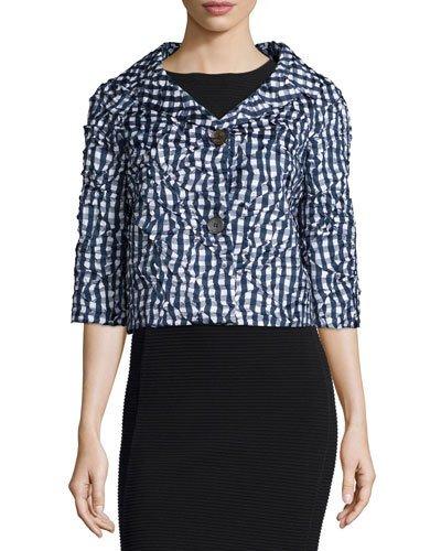 3/4-sleeve Button-front Bolero, Indigo/white