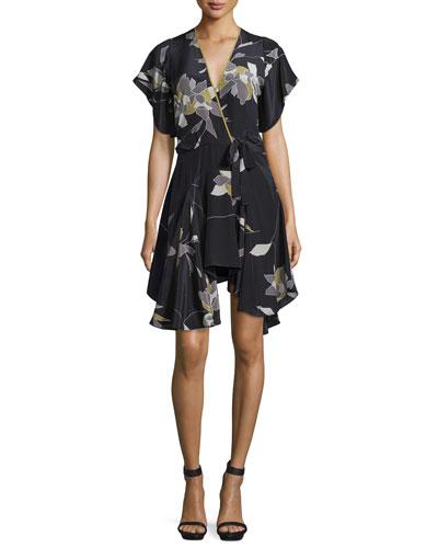 Belted Flounce-hem Dress, Black/flowing Petal