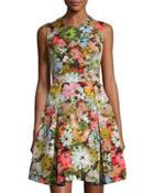 Floral-print Fit-and-flare Dress, Coral