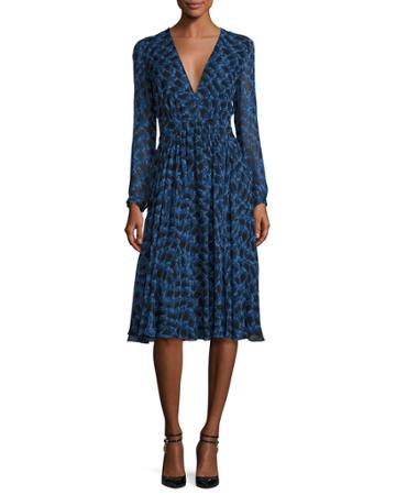 Long-sleeve Python-print Silk Dress, Blue Allium
