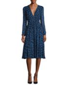 Long-sleeve Python-print Silk Dress, Blue Allium