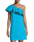 Ruffled One-shoulder Sateen Dress, Blue