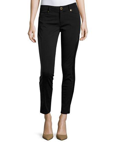 Faux-leather Panel Moto Skinny Pants, Black Pattern