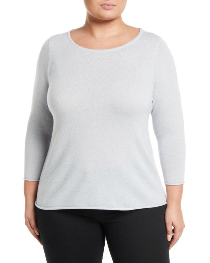Basic Cashmere Boat-neck Pullover Sweater, Light Blue (plus