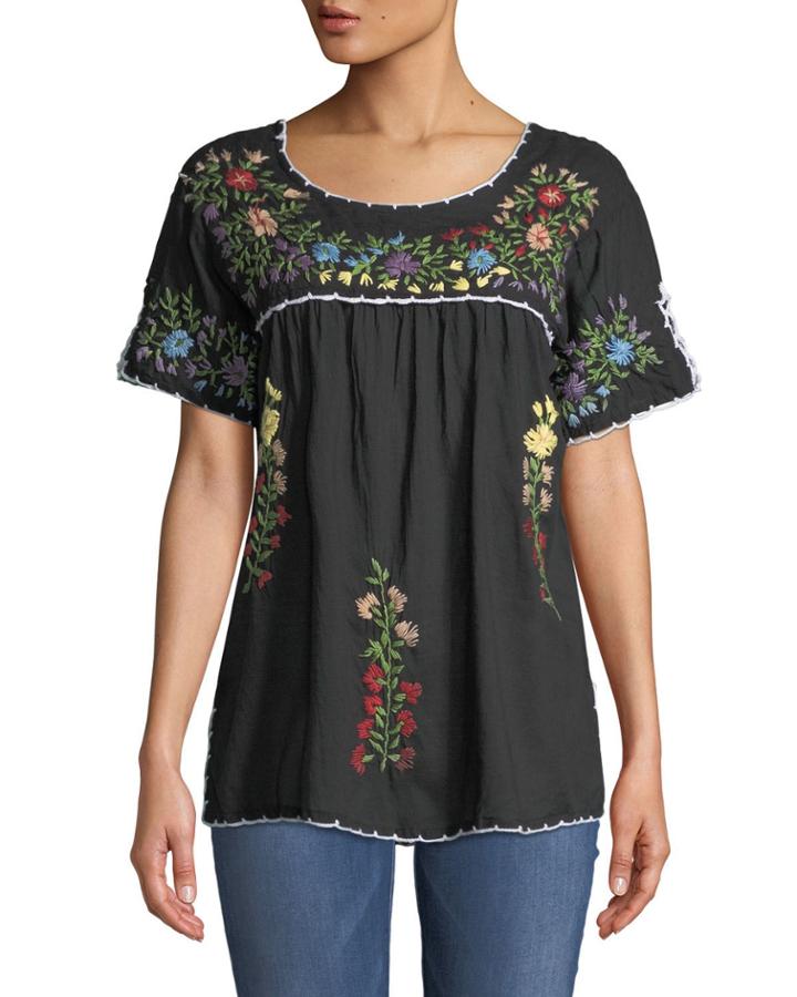 Embroidered Short-sleeve Peasant Blouse