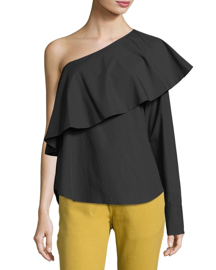 One-shoulder Ruffle Poplin Top