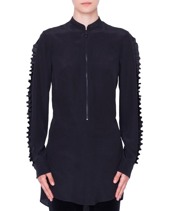 Ruffled Mock-neck & Sleeves Front-zip