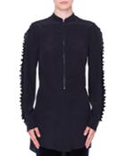 Ruffled Mock-neck & Sleeves Front-zip