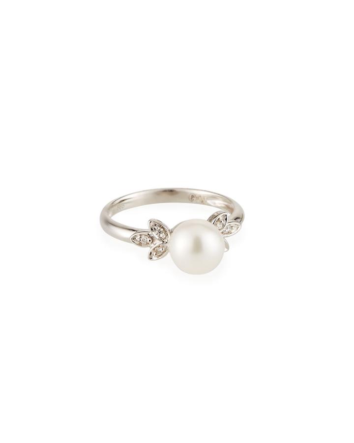 14k White Gold Leafy Diamond And Pearl Ring, White