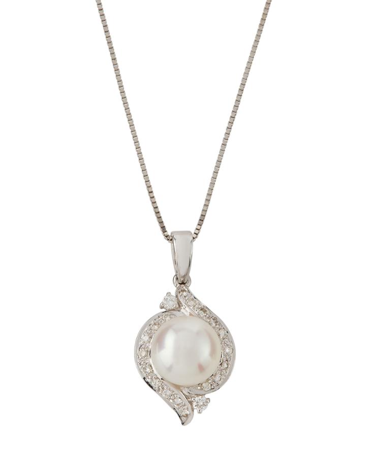 14k White Gold Freshwater Pearl & Diamond Pendant Necklace