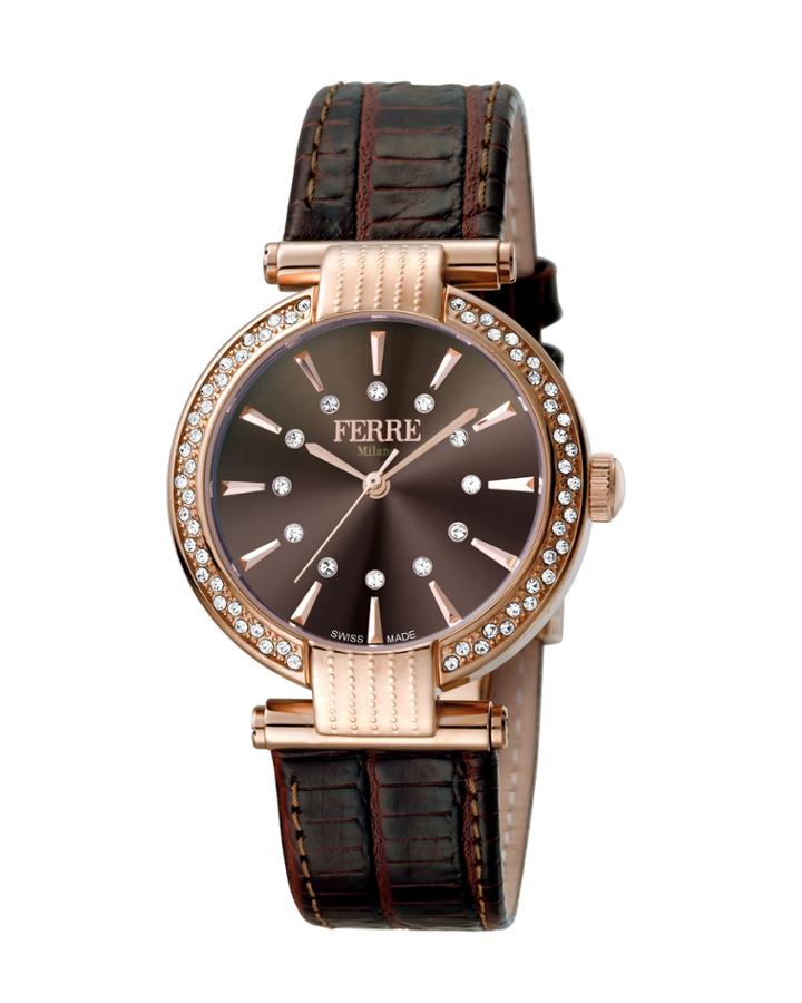 Women's 34mm Stainless Steel 3-hand Glitz Milgrain Watch With Leather Strap, Rose/brown