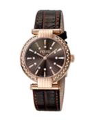 Women's 34mm Stainless Steel 3-hand Glitz Milgrain Watch With Leather Strap, Rose/brown