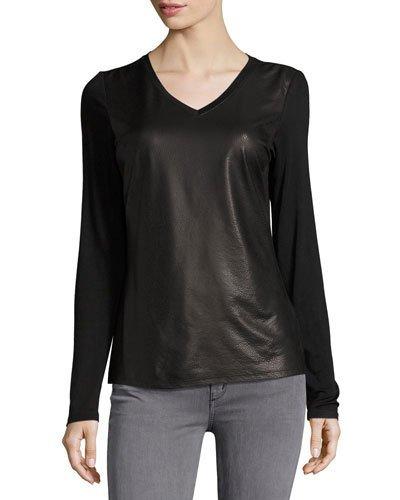 V-neck Snake-embossed Faux-leather Tee, Black