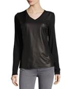 V-neck Snake-embossed Faux-leather Tee, Black