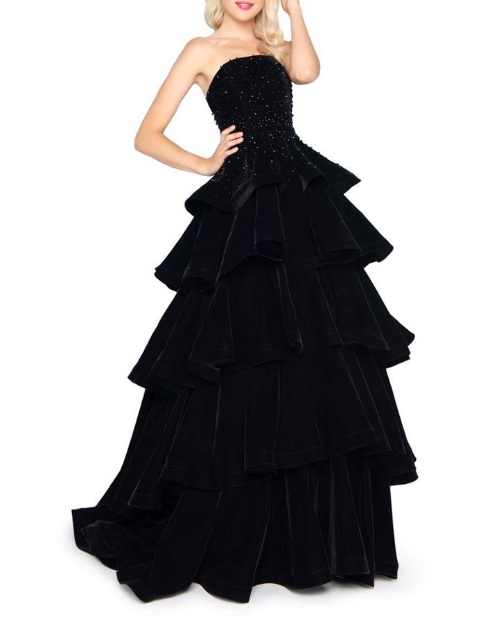 Strapless Tiered Velvet Ball Gown