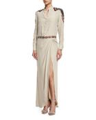 Long-sleeve Button-front Embellished Silk Gown, Buff