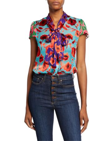 Jeannie Colorblock Floral Bow-collar Cap-sleeve Top