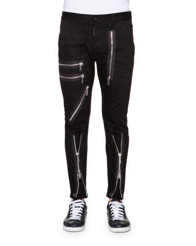 Zipper-trim Slim-fit Pants, Black