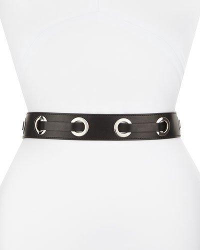 Laced Grommet-trim Leather Belt, Black