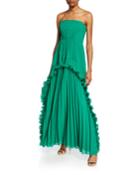 Strapless Pleated Gown With Ruffles