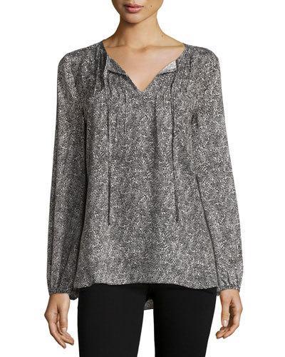 Printed Pintucked Peasant-sleeve Blouse, Black