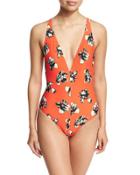 Deep V-neck Maillot Floral-print One-piece