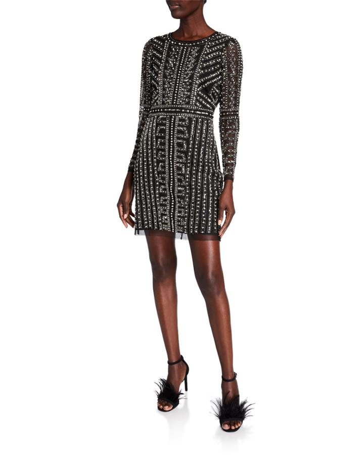 Geometric Beaded Long-sleeve Mini Cocktail Dress