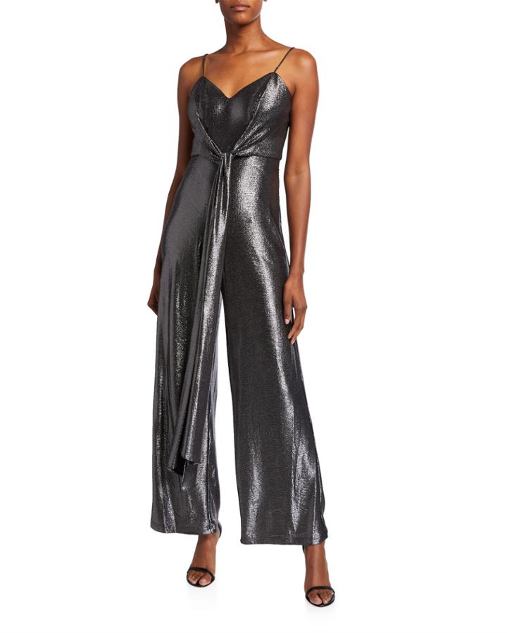 Metallic Foiled Cami Top Tie-front Sleeveless Jersey Jumpsuit