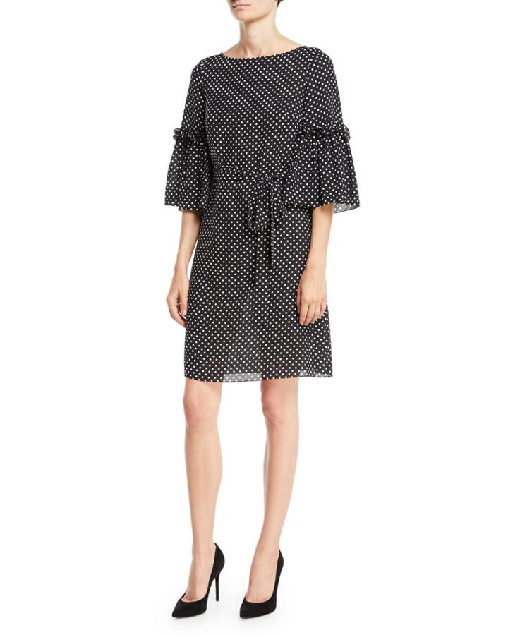 Boat-neck Bell-sleeve Polka-dot Silk Georgette
