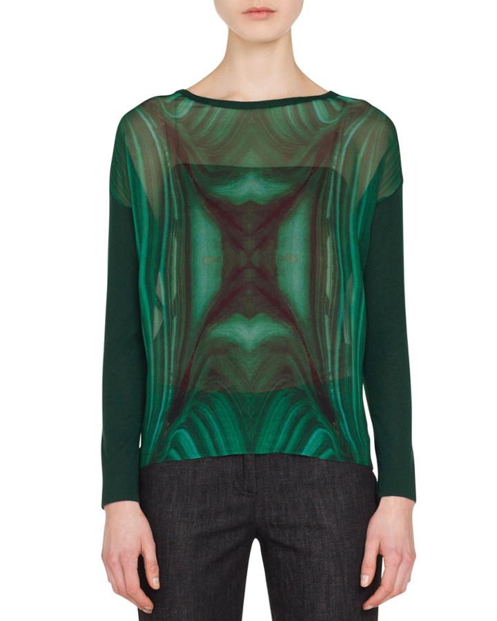 Boat-neck Long-sleeve Malachite-print Cashmere-silk Blouse