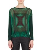 Boat-neck Long-sleeve Malachite-print Cashmere-silk Blouse