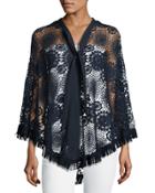 Crochet-lace Fringed Poncho, Dark Navy