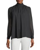 High Ruffle-neck Long-sleeve Blouse