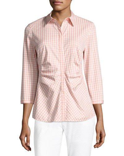 Leigh 3/4-sleeve Ruched Gingham Blouse, Nectarina