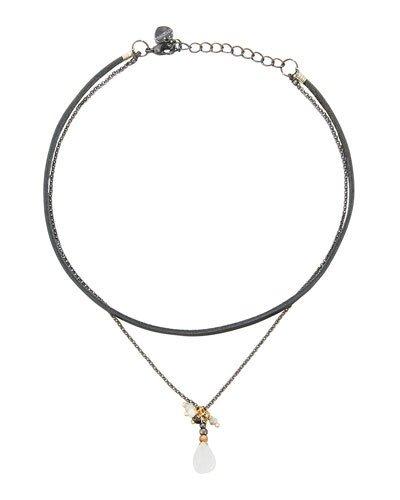 Double-strand Leather & Quartz Choker Necklace, White