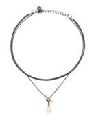 Double-strand Leather & Quartz Choker Necklace, White