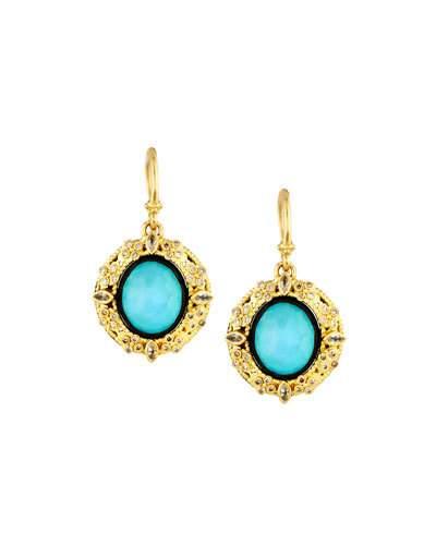 18k Turquoise & Moonstone Doublet Drop Earrings W/ Diamonds