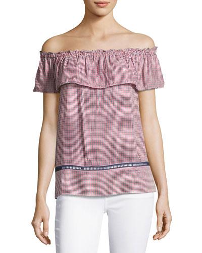 Plaid Off-the-shoulder Top, Red/blue