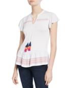 Embroidered Tassel-tie Peplum Top