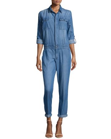 Fade To Blue Trucker Faded Denim Jumpsuit, Light Blue - (small)