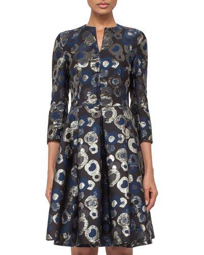 3/4-sleeve Split-neck Metallic Coat Dress, Blue Jay